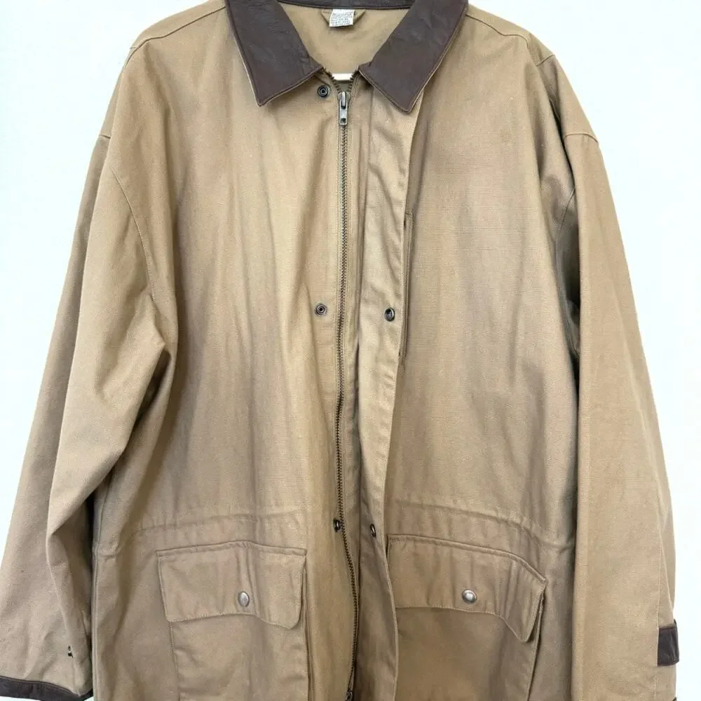 Marlboro Style Canvas Barn Coat Leather‎ Collar XL Tan Cotton Outdoor Western